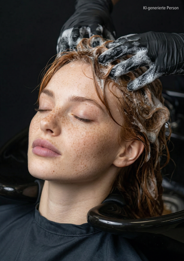 Frau mit geschlossenen Augen bekommt Haare mit schäumendem Shampoo von Händen in schwarzen Handschuhen gewaschen