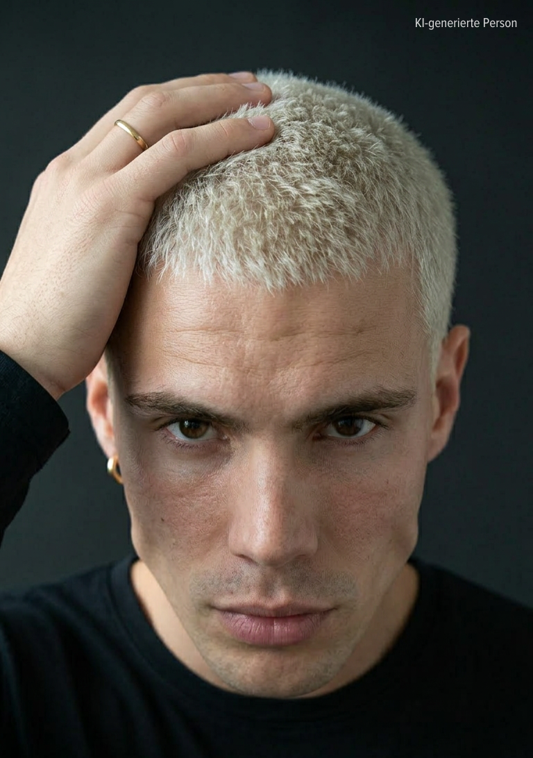 Porträt eines Mannes mit kurzem blondem Haar, der eine Hand an den Kopf legt und ernst schaut