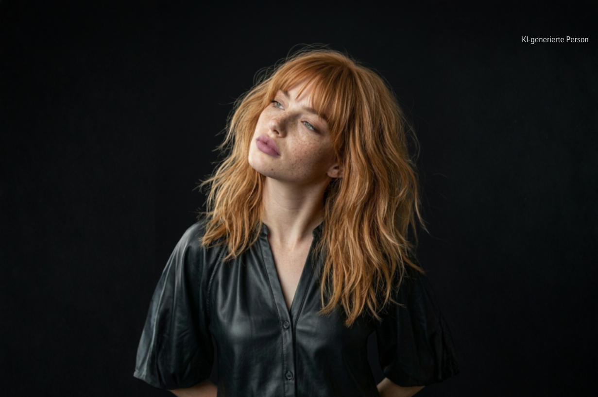 Frau mit kupferfarbenem Balayage-Haar mit einem Soft Layers und Whisper Bangs Haarschnitt im schwarzen Lederoberteil vor schwarzem Hintergrund