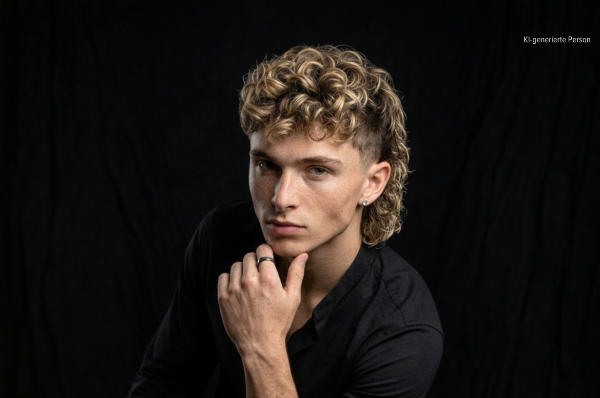 Junger Mann mit gesträhntem, lockigem Haar mit Mullet Haarschnitt und schwarzem Hemd vor schwarzem Hintergrund